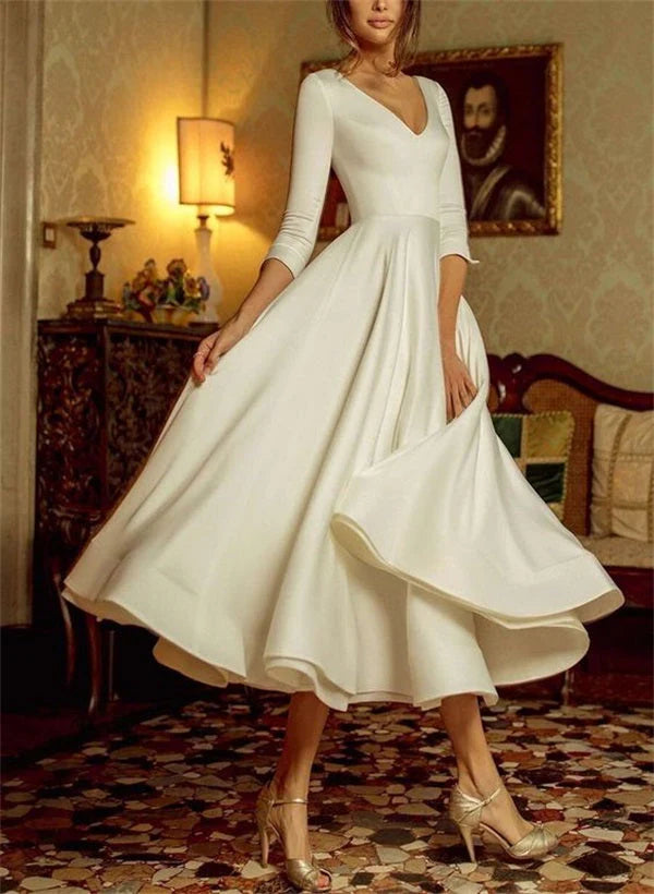 V Neck 3/4 Sleeve Satin Tea Length Wedding Dress A Line Flowy Short Bridal Gown