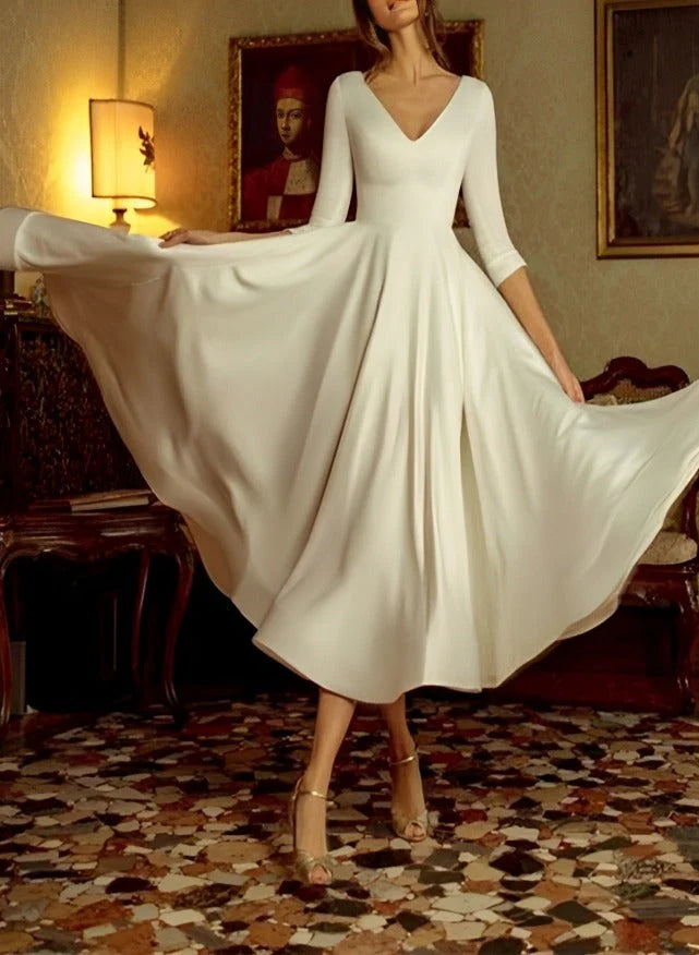 V Neck 3/4 Sleeve Satin Tea Length Wedding Dress A Line Flowy Short Bridal Gown