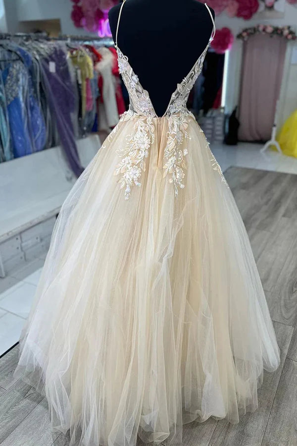 V Neck Champagne Tulle Lace Wedding Dresses Bridal Gown