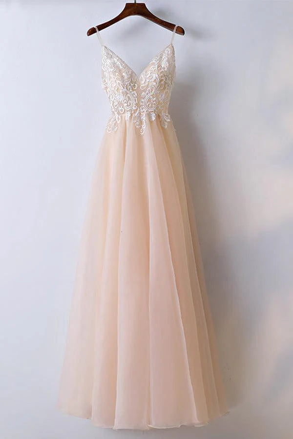 Spaghetti Straps V Neck Tulle Champagne Long Full Of Charm Prom Dress