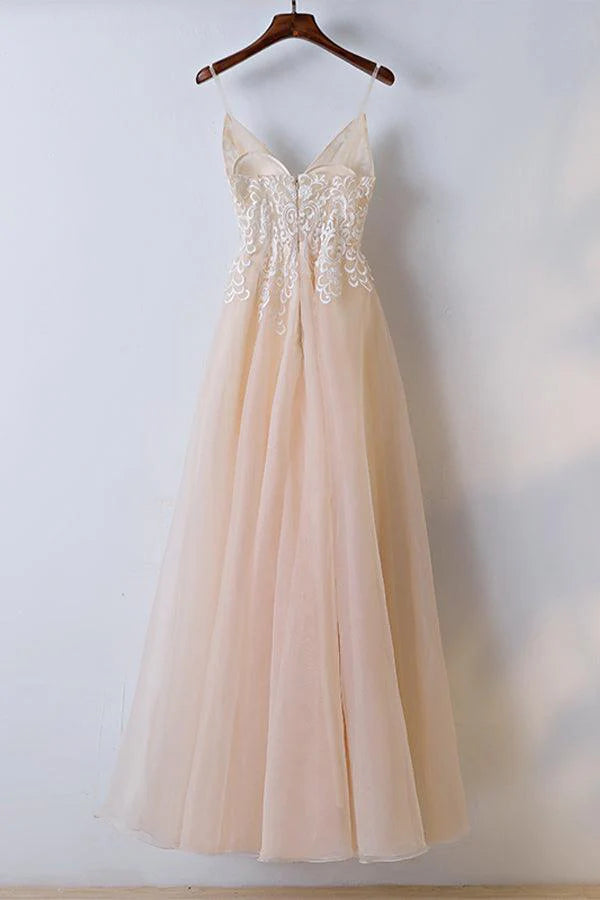 Spaghetti Straps V Neck Tulle Champagne Long Full Of Charm Prom Dress