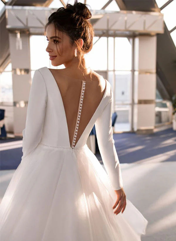 V Neck Long Sleeve A Line Wedding Dress with Button Back High Low Tulle Bridal Gown