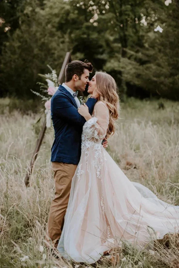 V Neck Long Sleeve Wedding Dress Rustic Wedding Gown