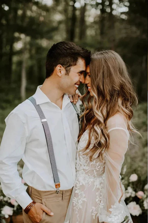 V Neck Long Sleeve Wedding Dress Rustic Wedding Gown