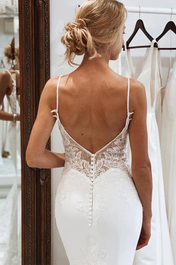 V Neck Mermaid Spaghetti Straps White Wedding Dress