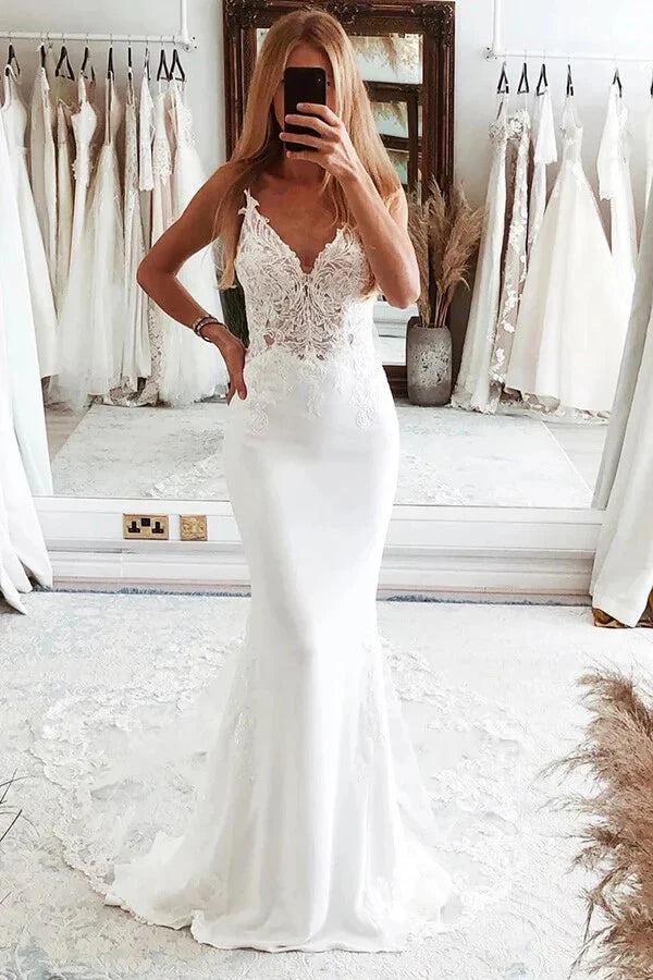 V Neck Mermaid Spaghetti Straps White Wedding Dress