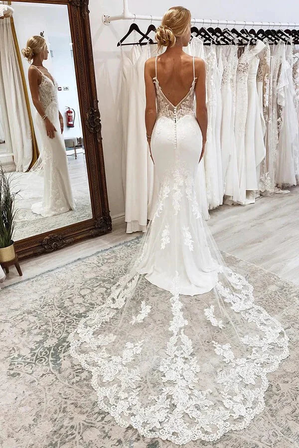 V Neck Mermaid Spaghetti Straps White Wedding Dress