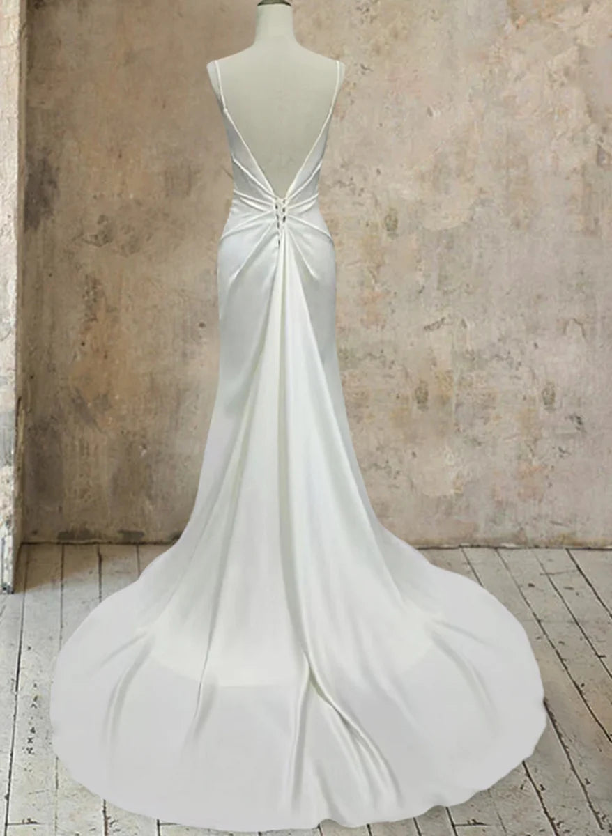 V Neck Satin Mermaid Wedding Dress Backless Lace Up Train Bridal Gown