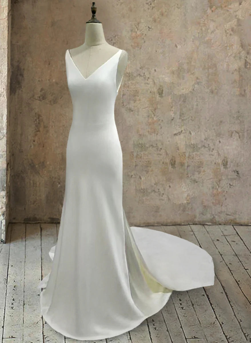 V Neck Satin Mermaid Wedding Dress Backless Lace Up Train Bridal Gown