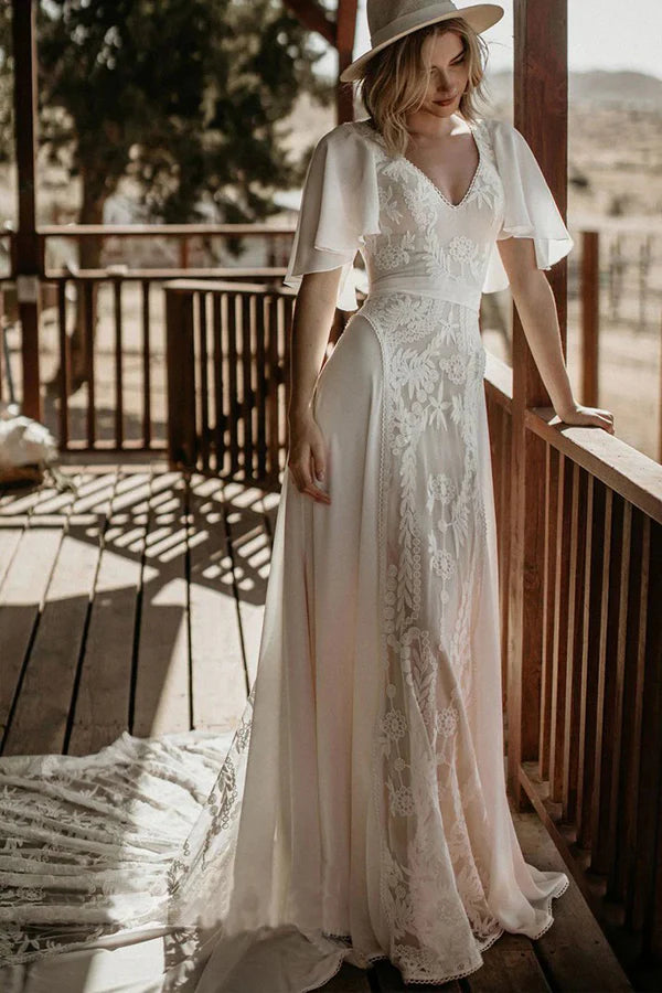 V Neckline Backless Lace Chiffon Bohemian Wedding Dress