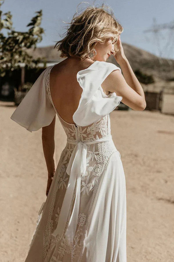 V Neckline Backless Lace Chiffon Bohemian Wedding Dress
