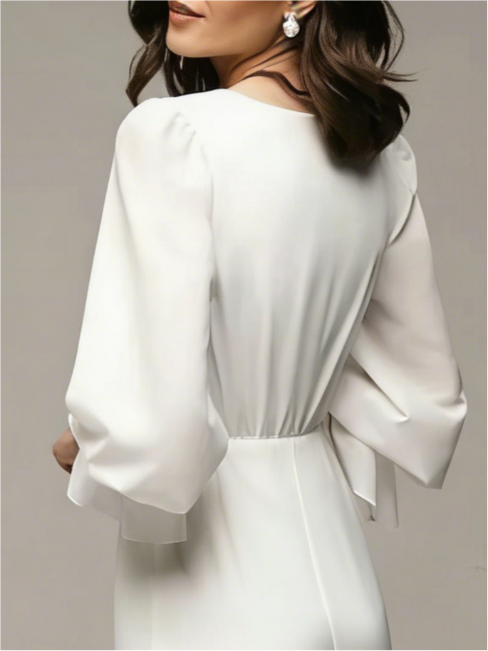 V Neck Ruffle Sleeve Chiffon Midi Wedding Dress Button Front A Line Bridal Gown