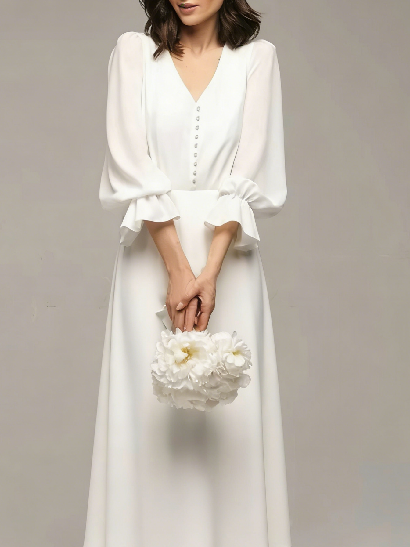 V Neck Ruffle Sleeve Chiffon Midi Wedding Dress Button Front A Line Bridal Gown
