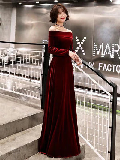 Velvet Off-Shoulder Long-Sleeve A-Line Corset-Back Floor-Length Evening Dress