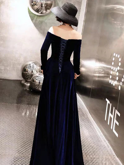 Velvet Off-Shoulder Long-Sleeve A-Line Corset-Back Floor-Length Evening Dress