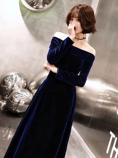 Velvet Off-Shoulder Long-Sleeve A-Line Corset-Back Floor-Length Evening Dress