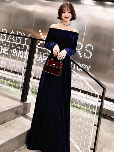 Velvet Off-Shoulder Long-Sleeve A-Line Corset-Back Floor-Length Evening Dress