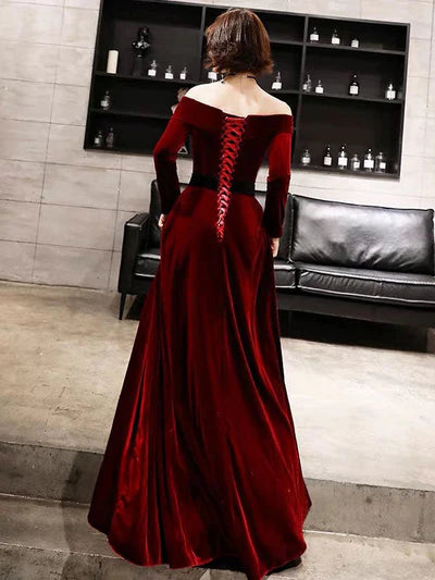 Velvet Off-Shoulder Long-Sleeve A-Line Corset-Back Floor-Length Evening Dress