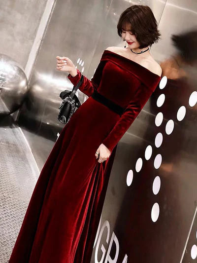 Velvet Off-Shoulder Long-Sleeve A-Line Corset-Back Floor-Length Evening Dress