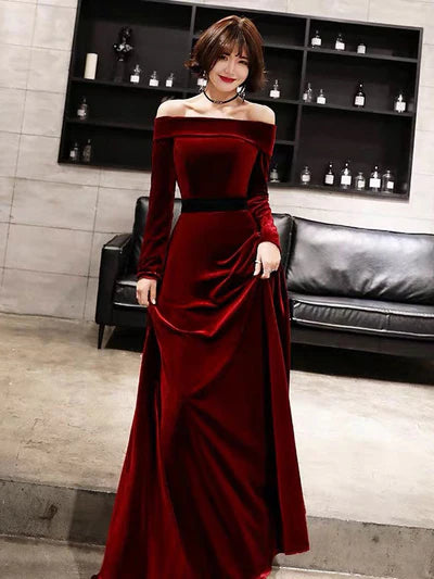 Velvet Off-Shoulder Long-Sleeve A-Line Corset-Back Floor-Length Evening Dress