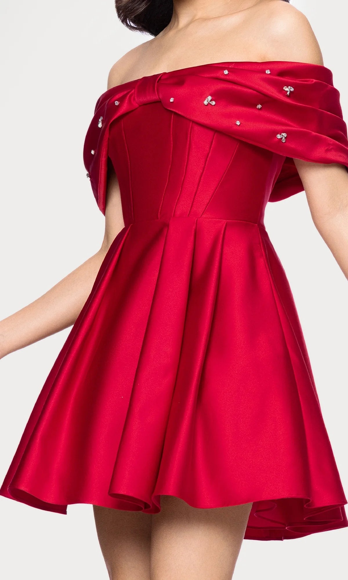 Vibrant A-Line Mini Homecoming Dress Off-The-Shoulder Ruched Crystal Corset Zipper Back Satin