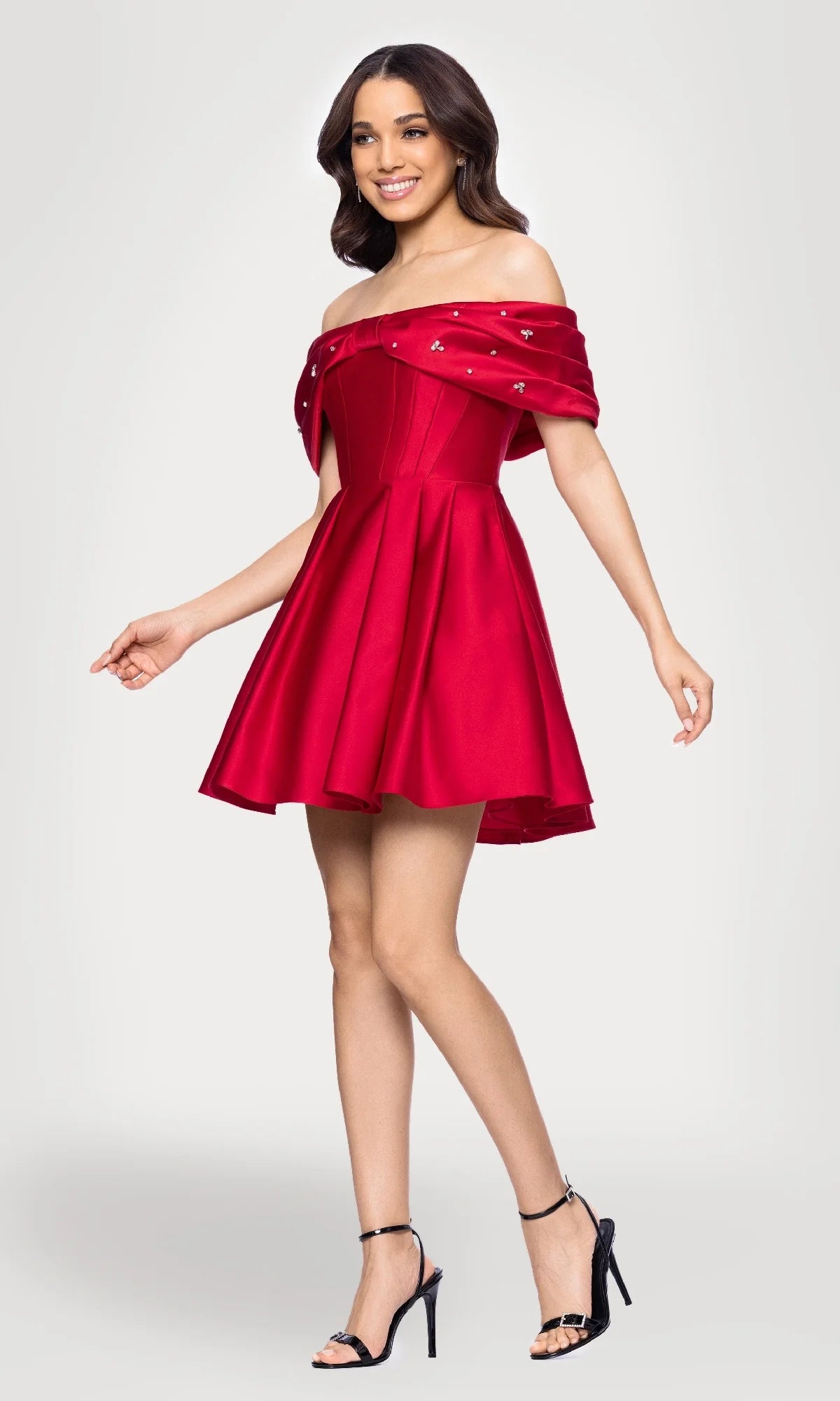 Vibrant A-Line Mini Homecoming Dress Off-The-Shoulder Ruched Crystal Corset Zipper Back Satin