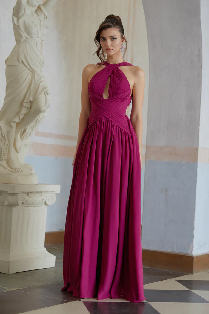 Vibrant A Line Halter Keyhole Neck Sleeveless Bow Back Floor Length Evening Dress