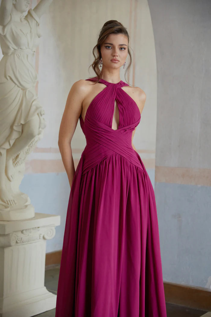 Vibrant A Line Halter Keyhole Neck Sleeveless Bow Back Floor Length Evening Dress