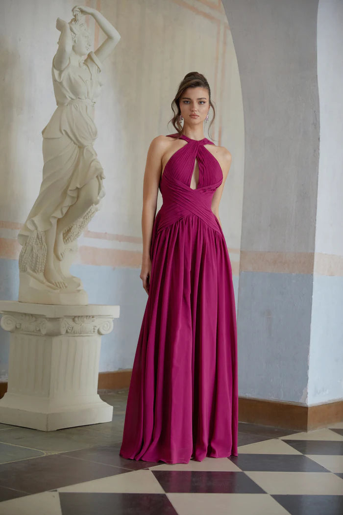 Vibrant A Line Halter Keyhole Neck Sleeveless Bow Back Floor Length Evening Dress