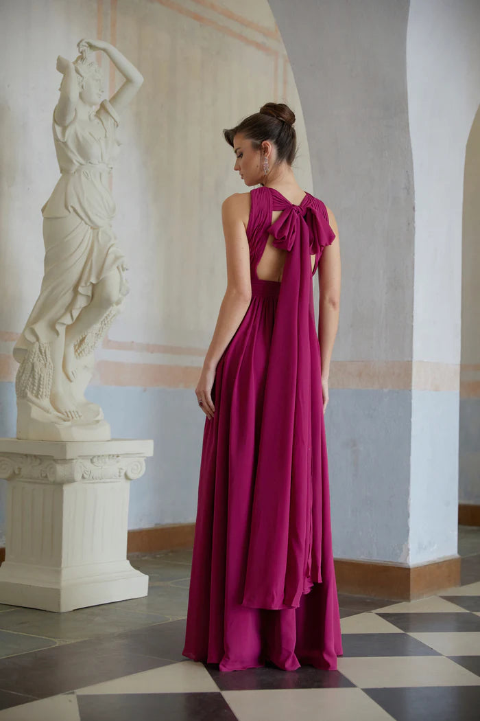 Vibrant A Line Halter Keyhole Neck Sleeveless Bow Back Floor Length Evening Dress