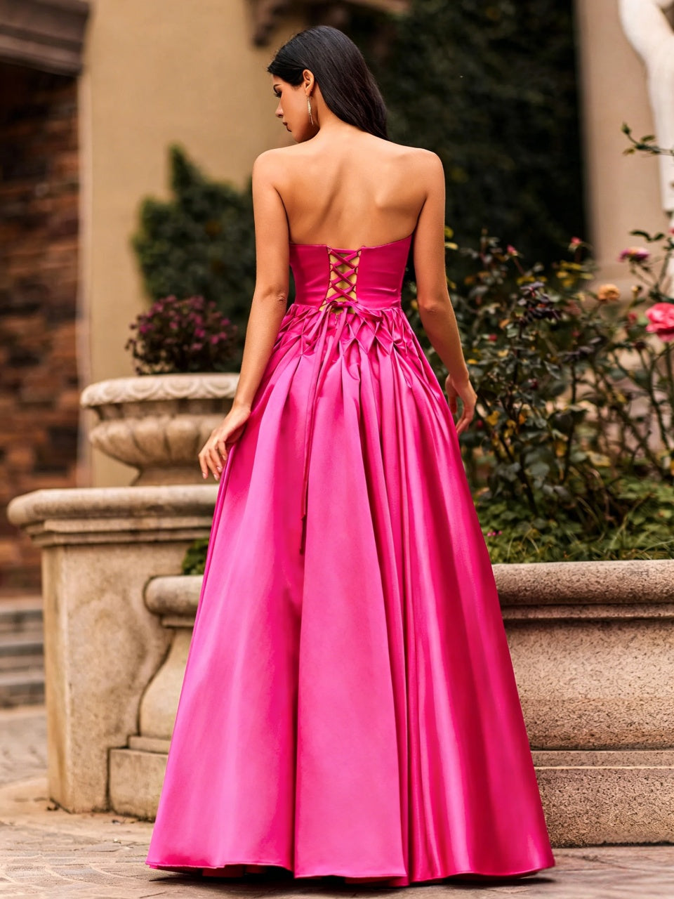 Vibrant A Line Strapless Straight Neck Sleeveless Lace Up Floor Length Evening Dress