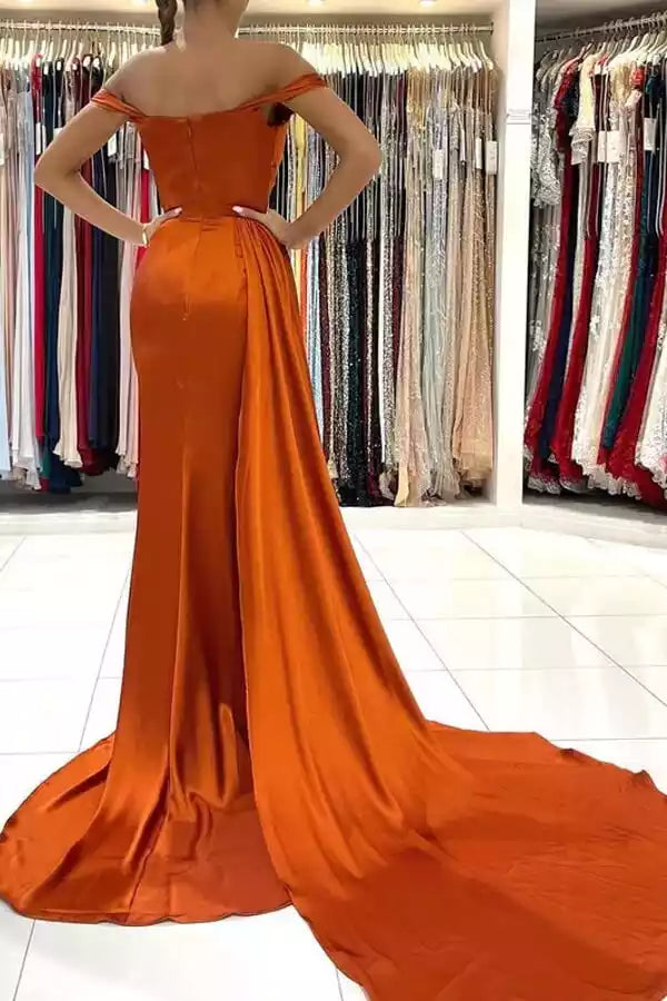 Vibrant Burnt Orange Satin Mermaid Prom Gown with Off-the-Shoulder Neck & Cathedral Train