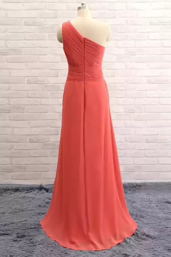 Vibrant Coral Chiffon One-Shoulder Gown with Pleated Bodice