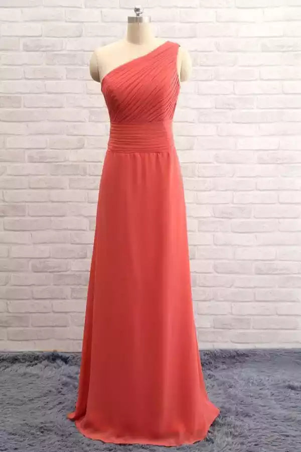 Vibrant Coral Chiffon One-Shoulder Gown with Pleated Bodice