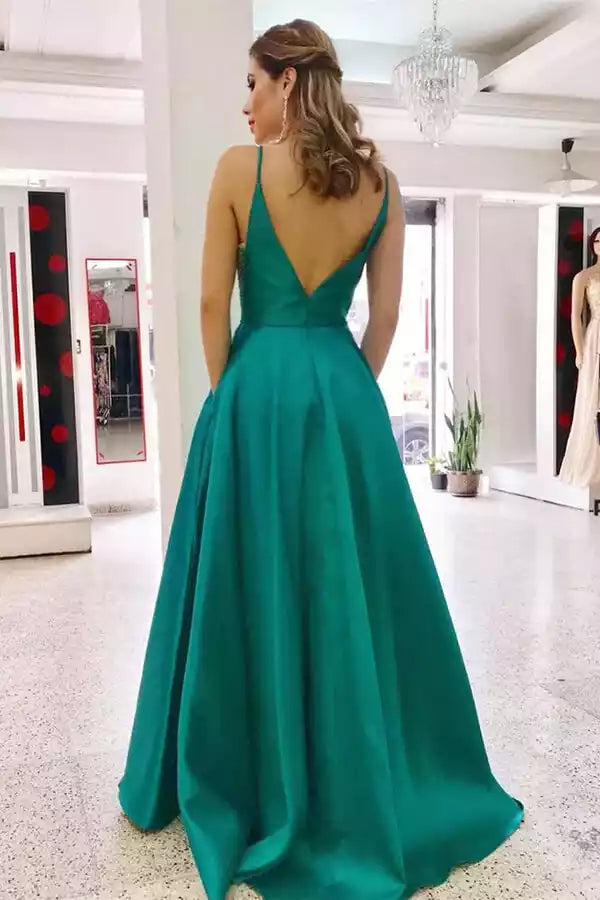 Vibrant Emerald Green Satin A-Line Gown with Plunge V-Neck & Open Back