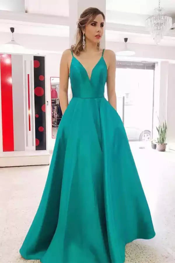 Vibrant Emerald Green Satin A-Line Gown with Plunge V-Neck & Open Back