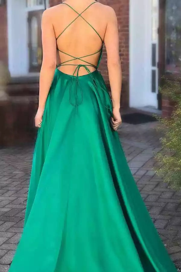 Vibrant Emerald Green Satin A-Line Gown with Square Neck & Lace-Up Back