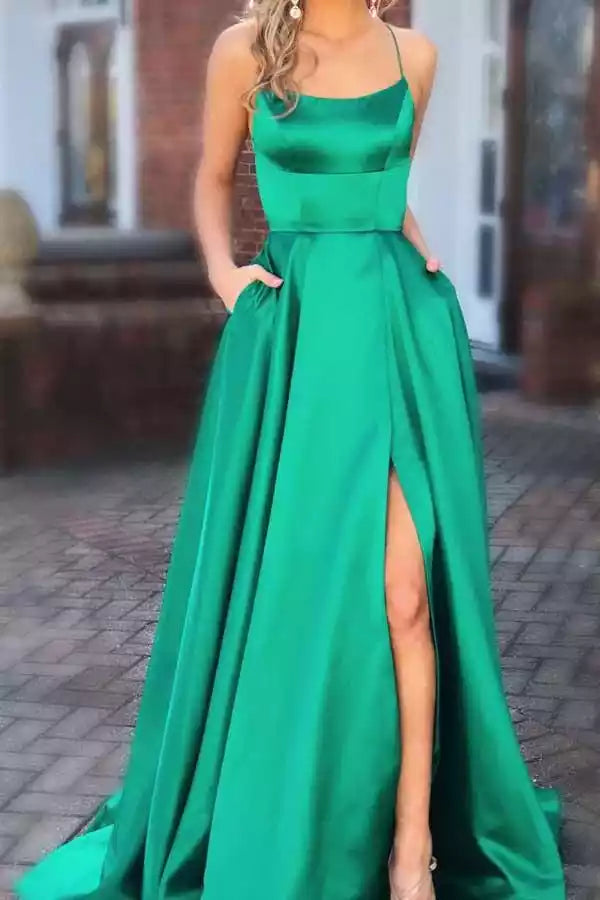 Vibrant Emerald Green Satin A-Line Gown with Square Neck & Lace-Up Back