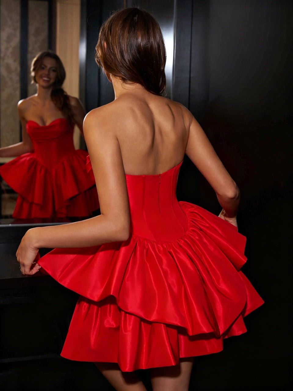 Vibrant Gloss Satin Strapless Sweetheart Corset Double Layer Ruffle A-Line Mini Homecoming Dresses