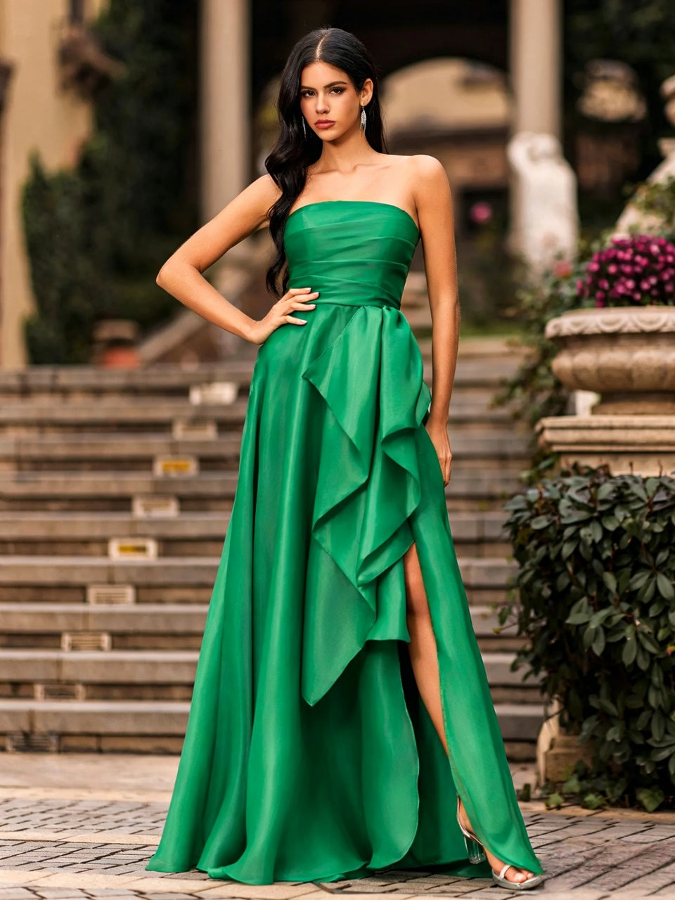 Vibrant Green Satin A-Line Strapless Ruffle Detail Slit Floor Length Evening Dress
