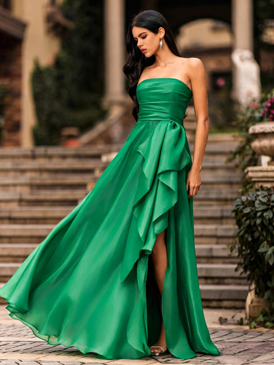 Vibrant Green Satin A-Line Strapless Ruffle Detail Slit Floor Length Evening Dress