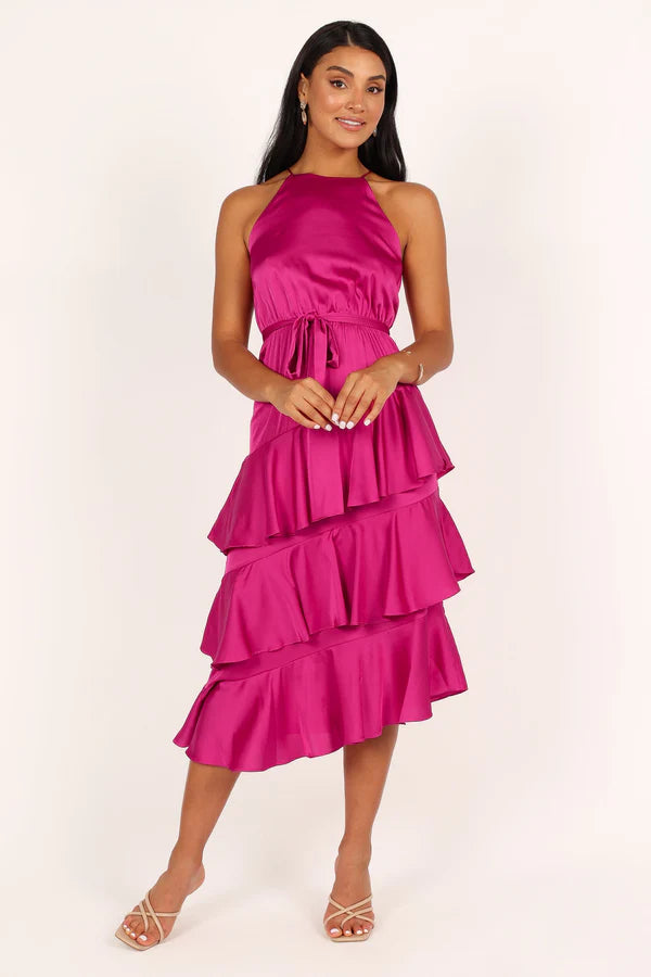 Vibrant Halter-Neck Tie-Waist Tiered Satin Midi Evening Dress