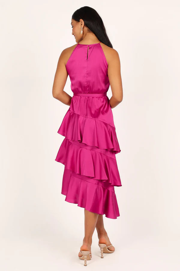 Vibrant Halter-Neck Tie-Waist Tiered Satin Midi Evening Dress