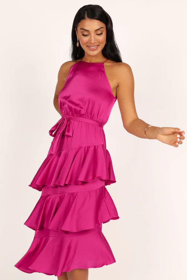 Vibrant Halter-Neck Tie-Waist Tiered Satin Midi Evening Dress