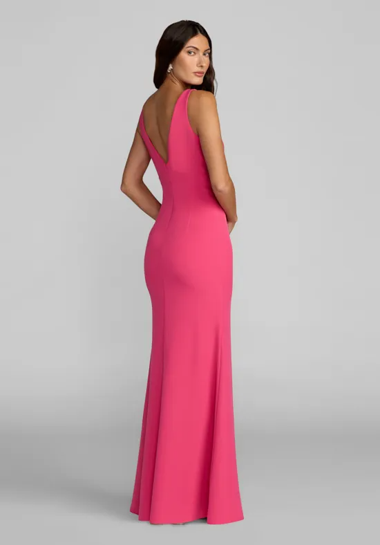 Vibrant Hot Pink Crepe Mermaid Bridesmaid Dress with V-Neck and Bow Detail