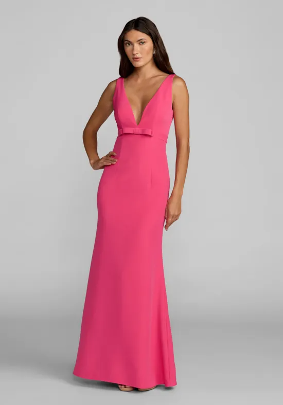 Vibrant Hot Pink Crepe Mermaid Bridesmaid Dress with V-Neck and Bow Detail