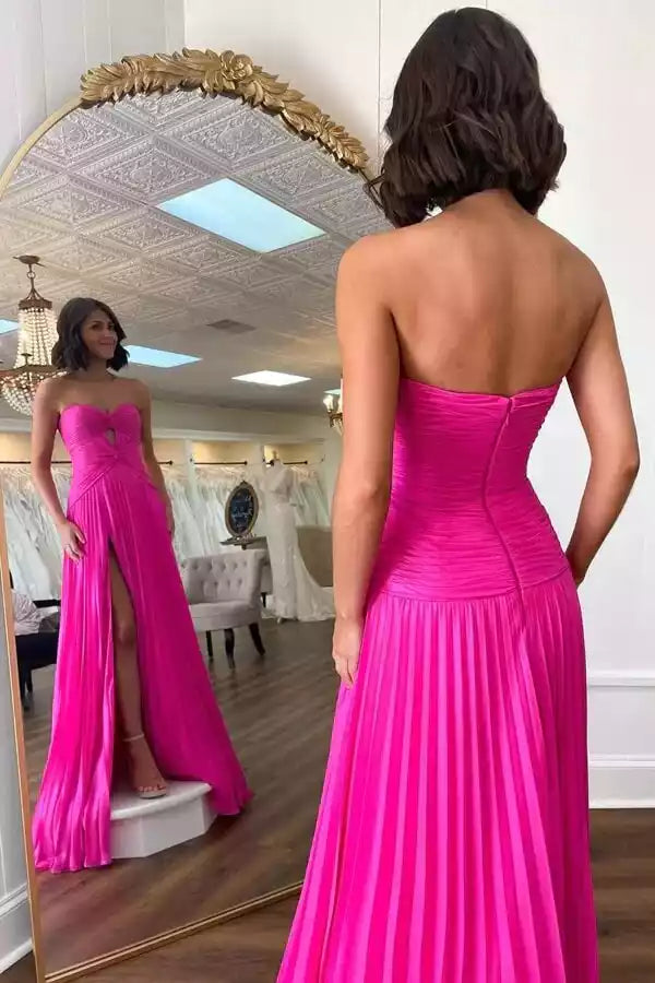 Vibrant Hot Pink Pleated A-Line Gown with Strapless Sweetheart Neck & High Slit