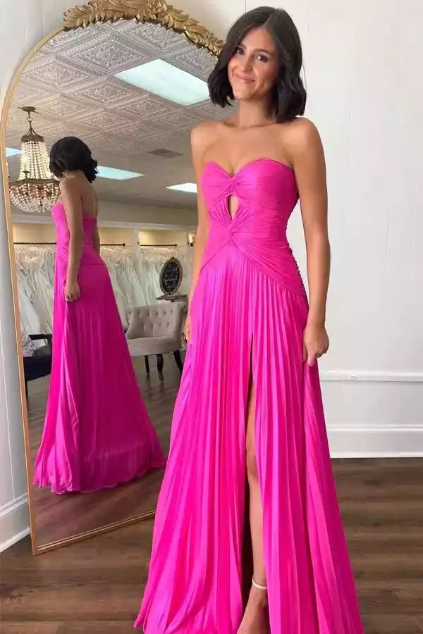 Vibrant Hot Pink Pleated A-Line Gown with Strapless Sweetheart Neck & High Slit