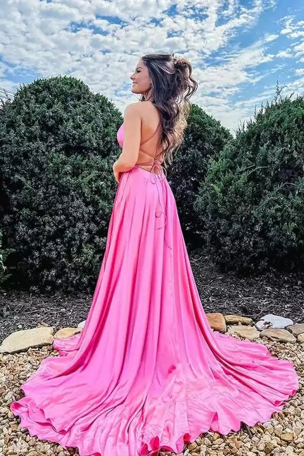 Vibrant Hot Pink Satin A-Line Gown with Square Neck & Lace-Up Back
