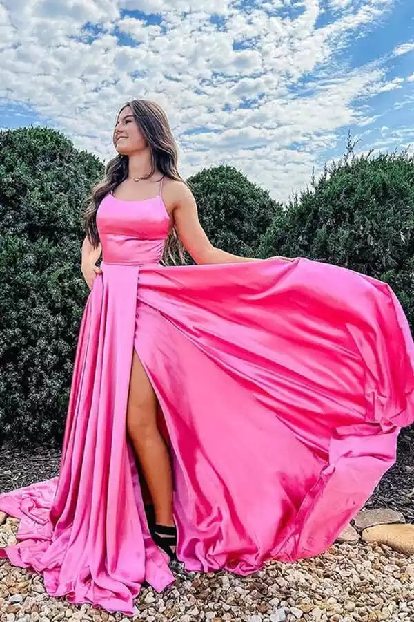 Vibrant Hot Pink Satin A-Line Gown with Square Neck & Lace-Up Back